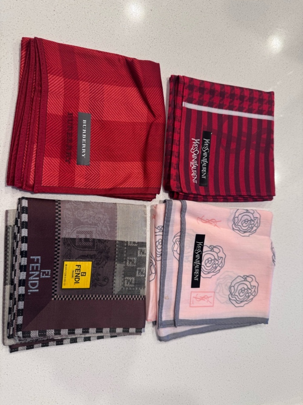Designer Handkerchief Lot - Burberry, YSL, Fendi - Red, Pink, Brown, Burgundy